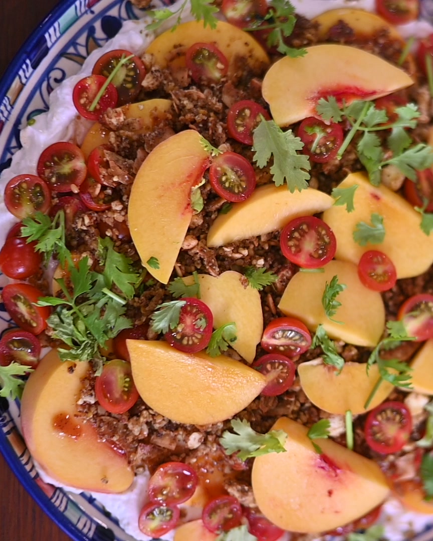 Peach and cherry tomato chaat with spiced Babo’s Panjiri, yogurt, tamarind chutney and cilantro.