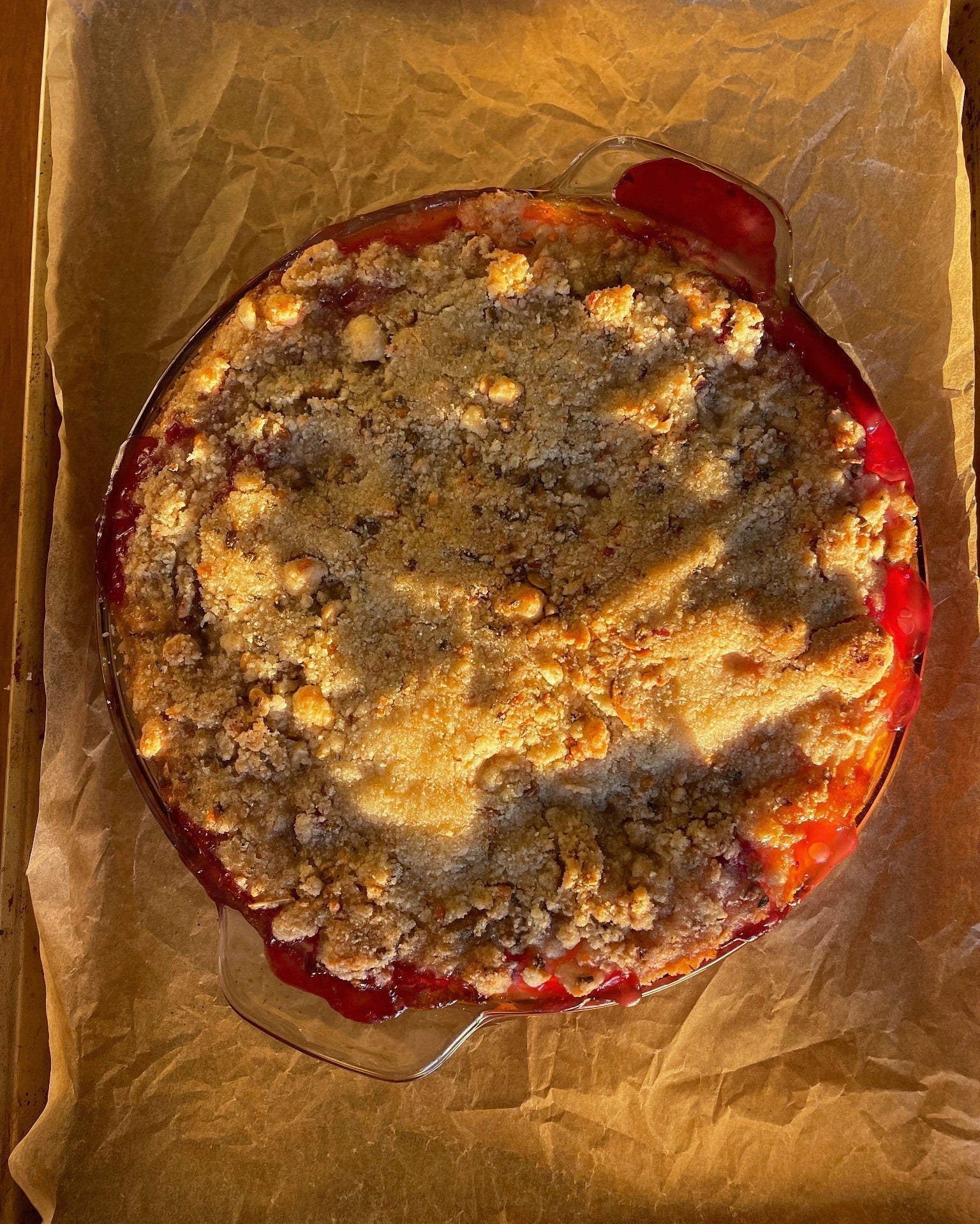 Sunlit stone fruit crisp with a golden Babo’s Panjiri topping and bubbling peaches and pluots.