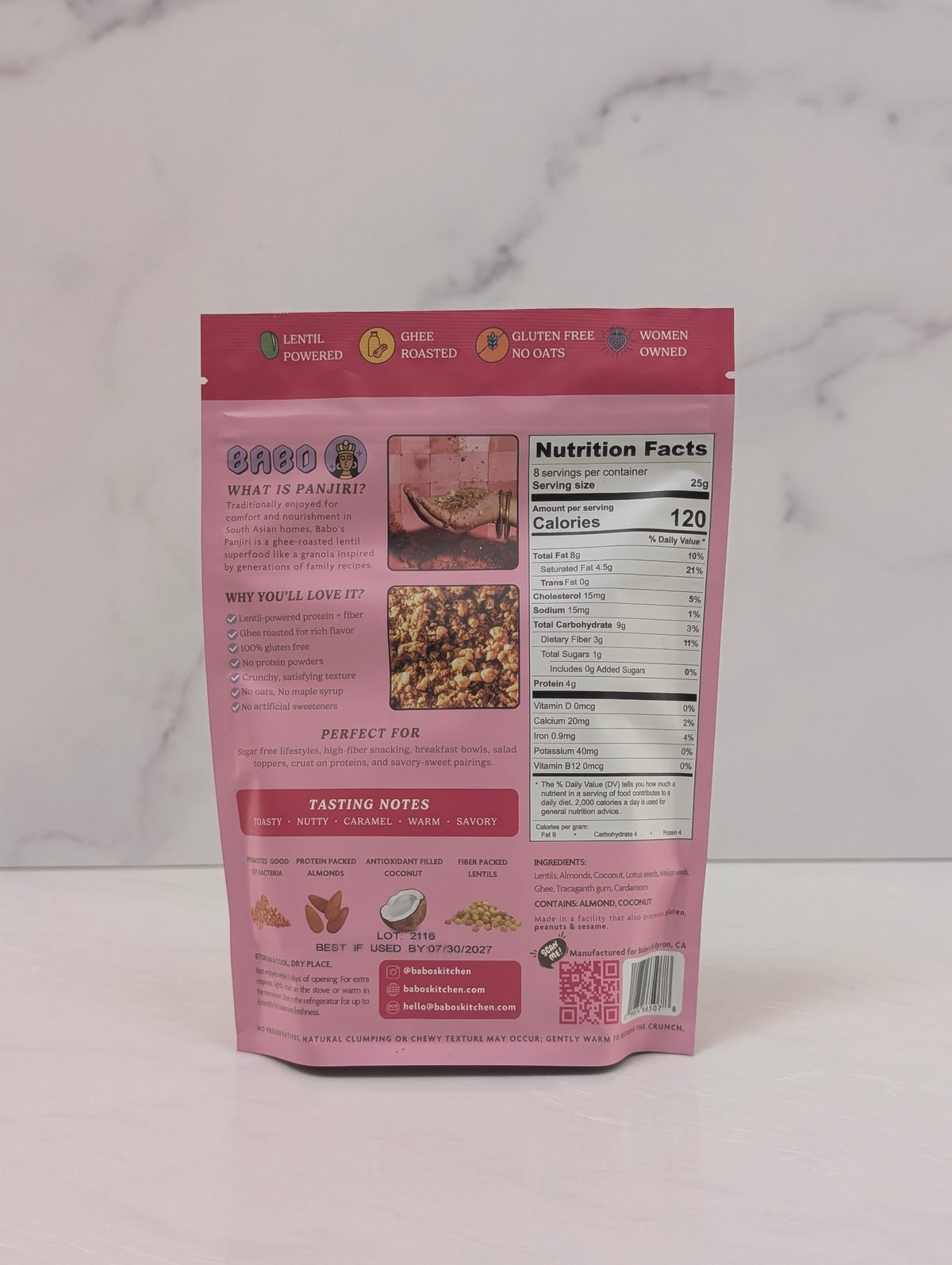 Back of Babo's Unsweetened Panjiri pouch showing packaging and nutrition panel